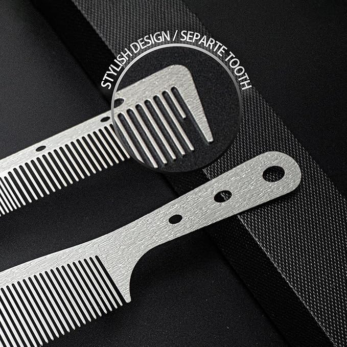 2 Pcs Metal Comb, Stainless Steel Fine Tooth Comb, Unbreakable Teeth Design, Anti Static comb, Heat Resistant, Professional Barber Comb Set, hair combs for men, Wood Grain Design
