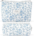 2Pcs Quilted Cotton Makeup Bag Travel Makeup Brush Bag Large Small Pouch Set for Women Floral Coquette Makeup Bags Cute Aesthetic Cosmetic Pouch Blue Toiletry Organizer Storage Bags
