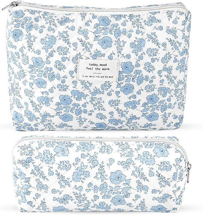 2Pcs Quilted Cotton Makeup Bag Travel Makeup Brush Bag Large Small Pouch Set for Women Floral Coquette Makeup Bags Cute Aesthetic Cosmetic Pouch Blue Toiletry Organizer Storage Bags