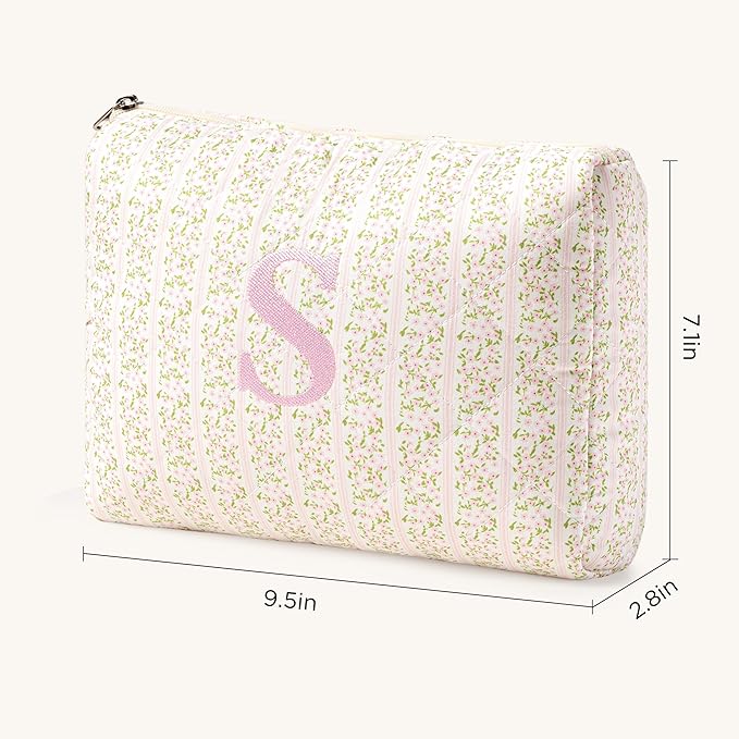 HBselect Initial Quilted Makeup Bag, Pink Cosmetic Travel Toiletry Bag, Flowers Coquette Zipper Make Up Pouch Organizer Teen Girl Gift Trendy Stuff S