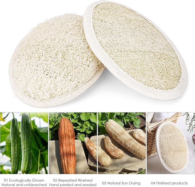 Natural Loofah Sponge 2 Pack for Shower, Organic Luffa Exfoliating Body Scrubber, Eco Friendly Biodegradable Bath Sponge, Plant Based Body Exfoliator for Men Women, Shower Loofah with Hanging Rope