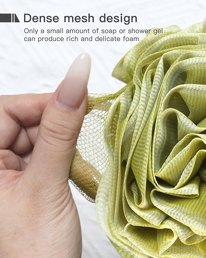 Loofah Sponge 70g, 6.3 Inch Large Exfoliating Bath Sponge, Soft Durable PE Mesh with Reinforced Knotting, Rich Lather Bath Scrubber for Body, for Travel or as a Holiday Gift (4Pack, Green, Red, Blue)