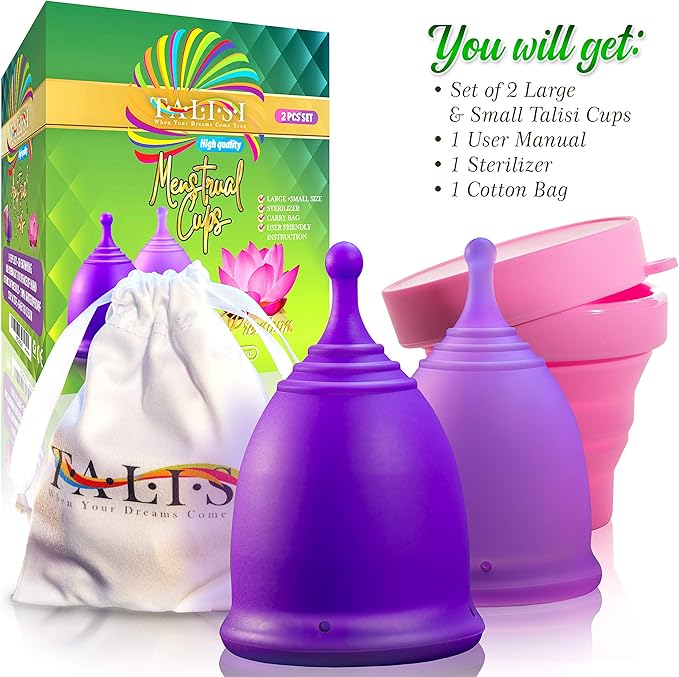 Talisi Reusable Menstrual Cup (Small & Large) Set of 2 with Foldable Silicone Sterilizer, Copa Menstruelle, Soft Period Cup, Heavy & Light Flow, Feminine Hygiene, Tampons, Pads & Disc Alternative