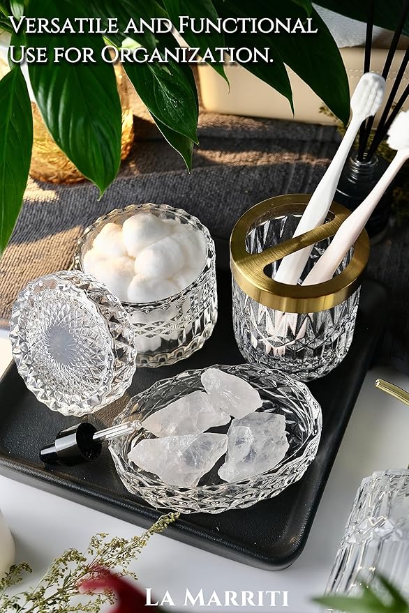 Glass Bathroom Accessories Set, 5pcs Crystal Clear Bathroom Set Accessories, Soap Dispenser, Toothbrush Holder Set, Soap Dish, Tumbler, Qtips Holder for Vintage Bathroom Decor, Gift Set
