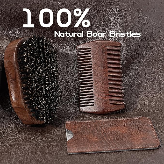 3PCS Beard Brush Comb Set for Men, Black Walnut Wood Dual Beard Comb & Case, Men's Natural Wooden Mustache Brush Kit - Medium Hardness