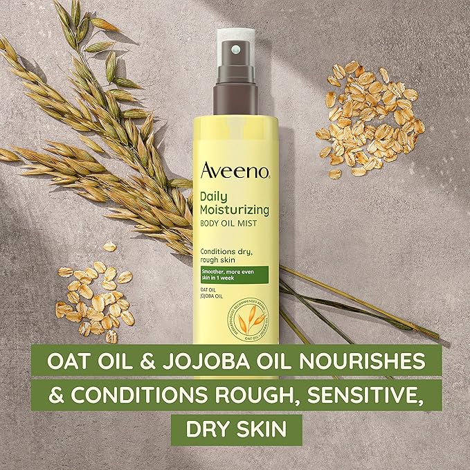 Aveeno Daily Moisturizing Body Oil Mist with Oat & Jojoba Oil for Dry Sensitive Skin,Nourishing Body Spray for Smoother Skin,Paraben-,Silicone- & Alcohol-Free,6.7 fl. oz,(Pack of 4)