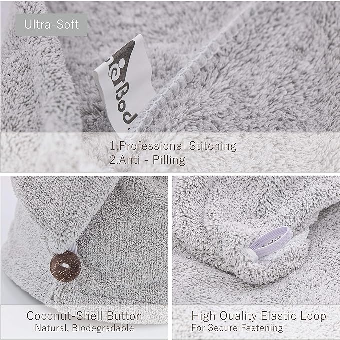 myHomeBody Hair Towel Wrap, Luxury Quick Drying Turban, Ultra Soft Absorbent Charcoal Fiber Cap, with Coconut Shell Button – Gray