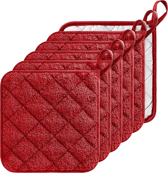GROBRO7 6Pcs Cotton Quilted Terry Oven Set Pot Holders Heat Resistant Multipurpose 7’'x7’' Hot Pads with Hanging Loop Durable Machine Washable Oven Mitts for Daily Kitchen Baking and Cooking Red