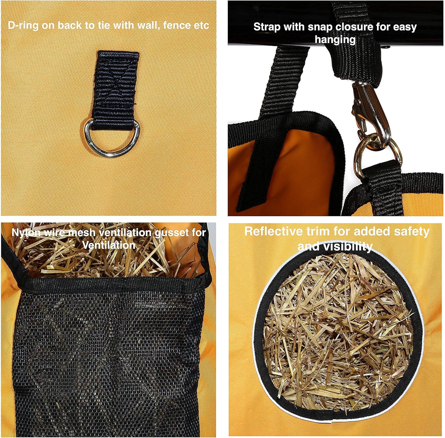 Majestic Ally 1200 D Hay Feeder Tote Bag for Horses, Sheep with Reflective Trim- Reduces Waste - Comes with 36” Hay Net (Orange)