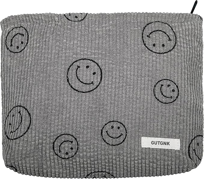 Makeup bag for Women, Corduroy Cosmetic Bag Aesthetic Design Ladies Tote Bag,Cute Smiley Face Makeup Organizer with Zipper - Gray