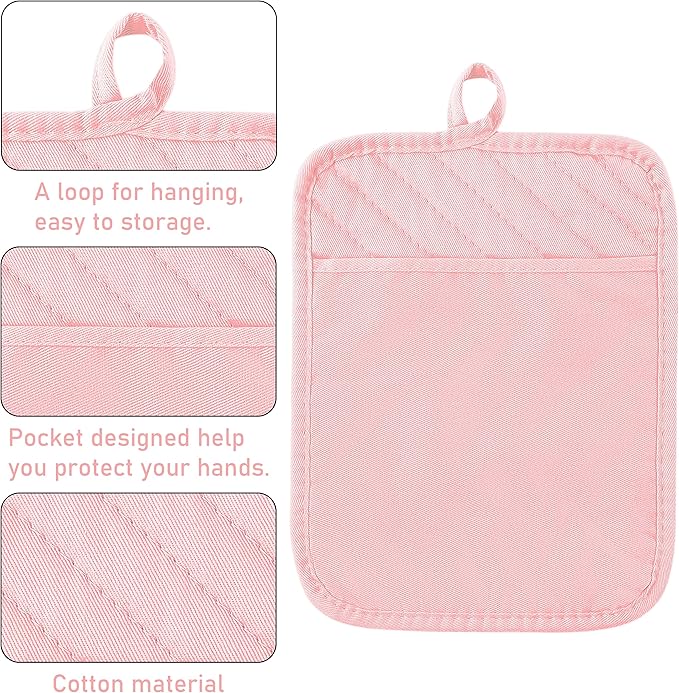 GROBRO7 6Pcs Cotton Oven Mitts and Pot Holders Set Heat Resistant Hot Pads Durable Pocket Pot Holder Machine Washable BBQ Gloves with Hanging Loop for Safe Kitchen Baking Cooking Grilling Pink