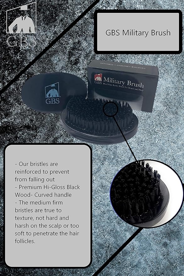 G.B.S Military Style Dual Bristle Beard and Hair Brush - Hi-Gloss Wood, Animal-free Vegan Bristles, Over 2,000 Firm Bristles for Daily Grooming (BLACK)