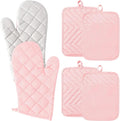 GROBRO7 6Pcs Cotton Oven Mitts and Pot Holders Set Heat Resistant Hot Pads Durable Pocket Pot Holder Machine Washable BBQ Gloves with Hanging Loop for Safe Kitchen Baking Cooking Grilling Pink