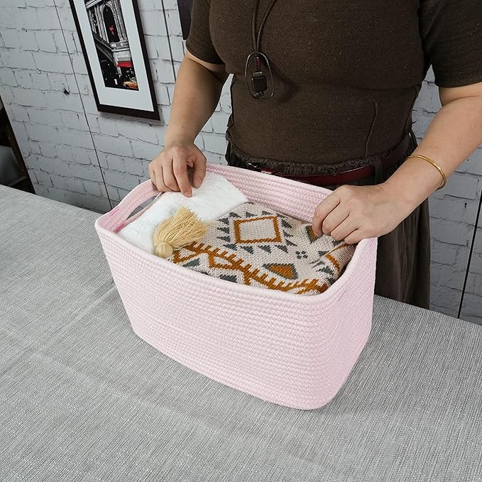 Cotton Rope storage Basket Bins Woven Basket for Organizing Shelves 15X10X9.3" Rectangle Decorative Baskets For storage Clothes Toys Books Towels Nursery basket organizer 3 pack light pink