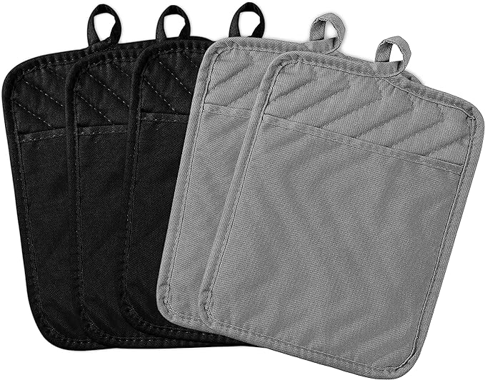 GROBRO7 5Pack Pot Holders for Kitchen Heat Resistant Cotton Potholder Multipurpose Hot Pad Machine Washable Oven Mitts with Pocket Potholders for Baking and Cooking 8.9 x 6.9 in Gray Black