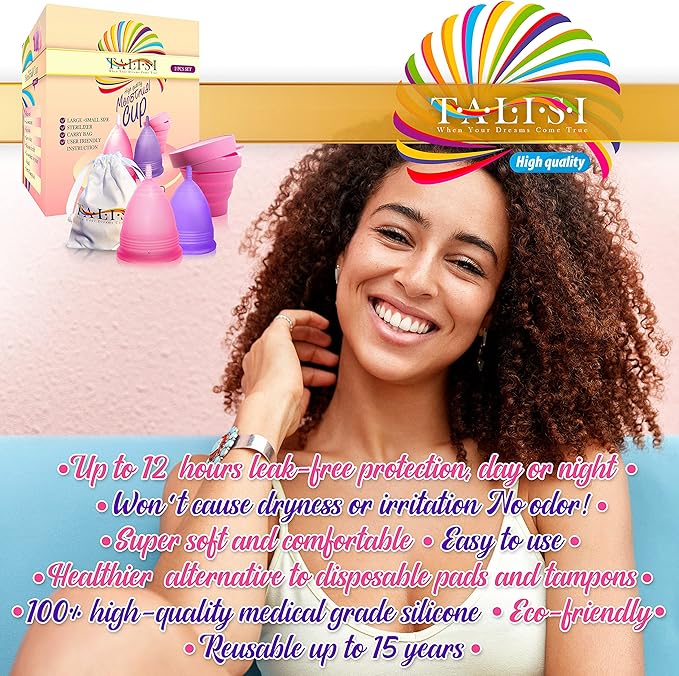 Talisi Menstrual Cups Set of 2 (Small & Large) Super Soft Reusable Period Kit with Collapsible Silicone Sterilizer Case, Storage Bag Menstruation Feminine Copa for Teens, Beginners, Heavy Flow