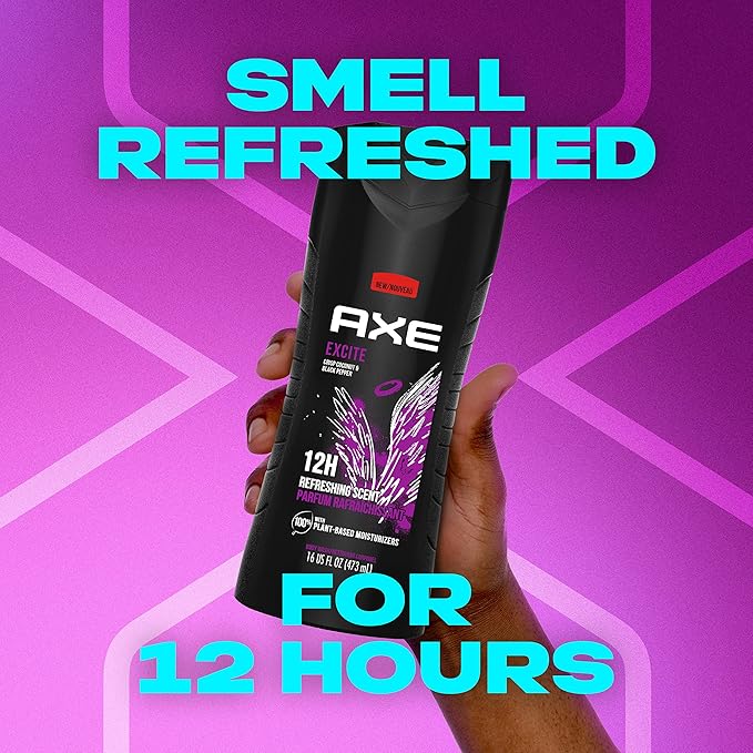 AXE Body Wash 12h Refreshing Scent Excite Crisp Coconut & Black Pepper Men's Body Wash with 100% Plant-Based Moisturizers 16 oz,(Pack of 8)