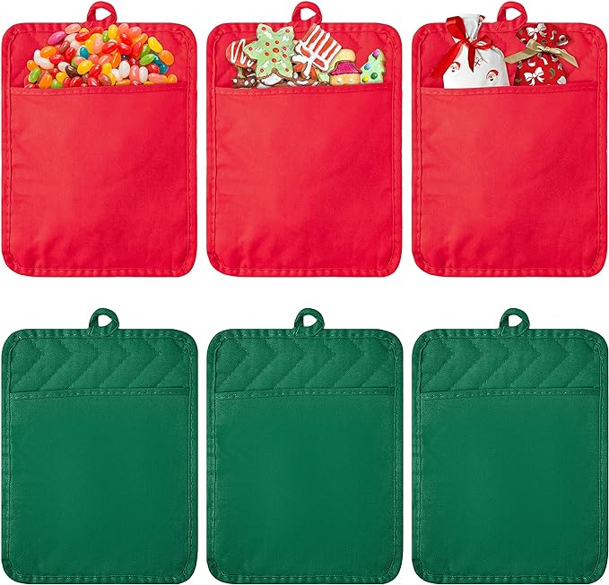 R HORSE 6Pcs Christmas Red Green Potholders with Pockets Baking Cooking Gift Kitchen Cotton Heat Resistant Potholder Machine Washable Hot Pads Oven Mitt Christmas Pot Holder Gift