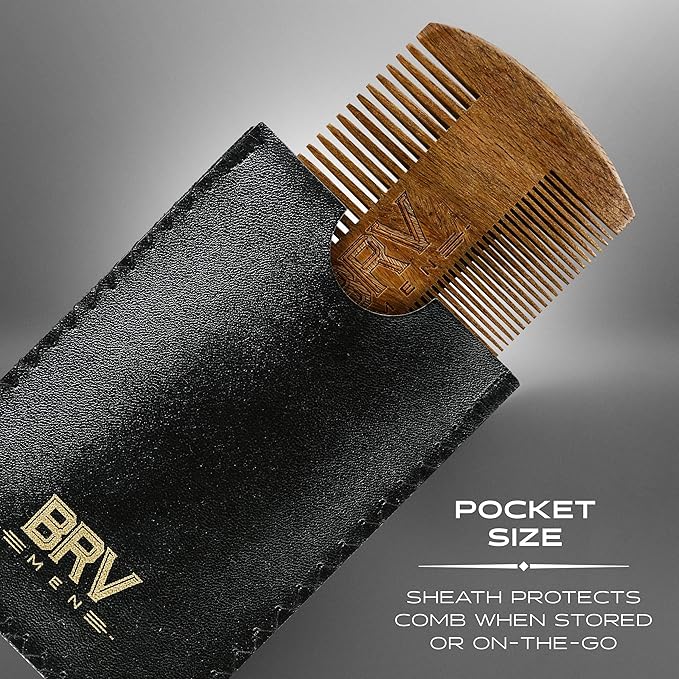 BRV MEN Beard & Mustache Comb, 100% Natural Green Sandalwood, Pocket Beard Comb with Carry Case, Wooden Beard Comb for Men For All Types and Styles of Hair & Beard