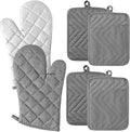 GROBRO7 6Pcs Cotton Oven Mitts and Pot Holders Set Durable Hot Pads Machine Washable BBQ Gloves Heat Resistant Pocket Pot Holder with Hanging Loop for Safe Kitchen Baking Cooking Grilling Grey
