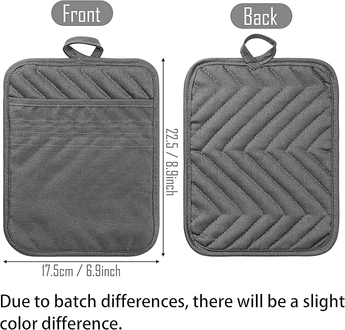 GROBRO7 5Pack Pocket Pot Holders Cotton Heat Resistant Potholder Multipurpose Hot Pads Machine Washable Oven Mitts Cooking Pads Bulk for Daily Kitchen Baking and Cooking 8.9 x 6.9 Inch Grey