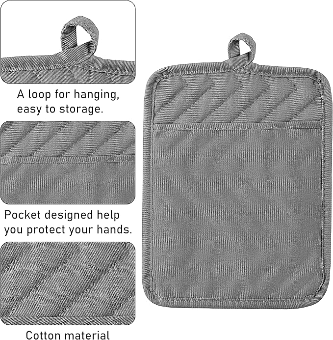 GROBRO7 6Pcs Cotton Oven Mitts and Pot Holders Set Durable Hot Pads Machine Washable BBQ Gloves Heat Resistant Pocket Pot Holder with Hanging Loop for Safe Kitchen Baking Cooking Grilling Grey