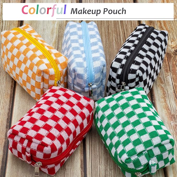 PAZIMIIK Checkered Makeup Bag for Purse Portable Zipper Make Up Pouch Small Cosmetic Case for Travel Accessories (Blue)