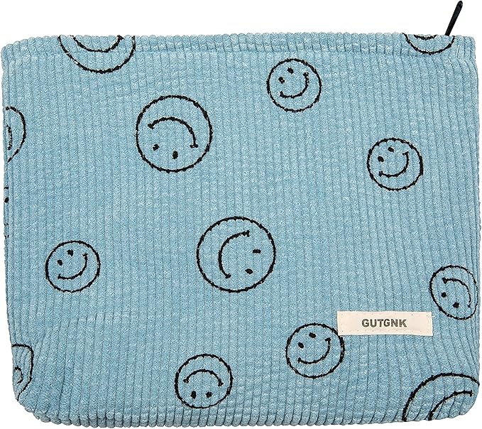 GUTGNK Makeup bag for Women, Corduroy Cosmetic Bag Aesthetic Design Ladies Tote Bag,Cute Smiley Face Makeup Organizer with Zipper - Blue